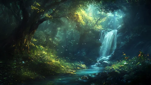 Magical Forest Waterfall with Glowing Light.