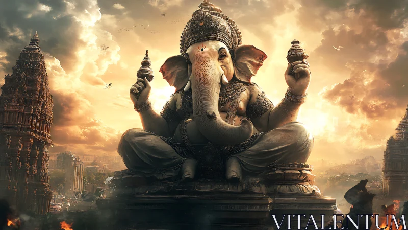 Majestic Ganesha statue amid glowing storm-lit skyline.