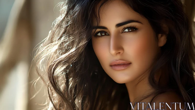 Sunlit gaze and windswept hair in luminous close portrait.