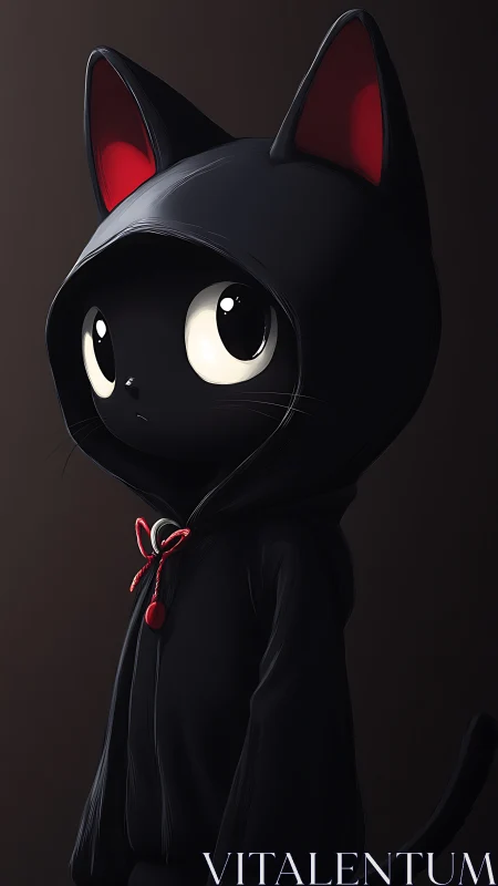 Anthropomorphic black cat in hooded garment stands upright