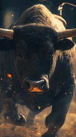 Charging bull silhouette cuts through dust and sparks sharply
