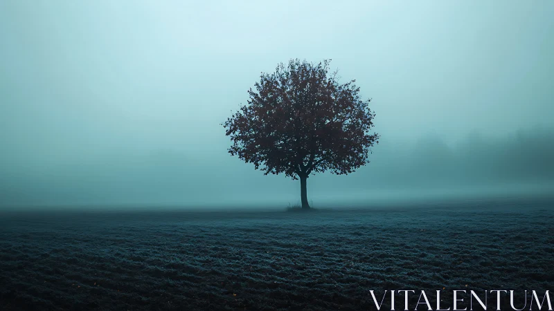 Lone autumn tree breathing color into a frozen blue haze.