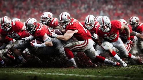 High-impact gridiron scrum with synchronized forward momentum.