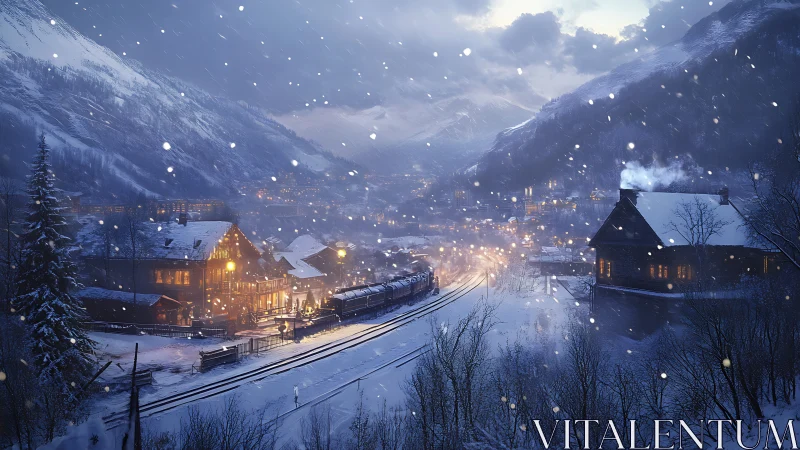 Snowy mountain town with illuminated train station at dusk