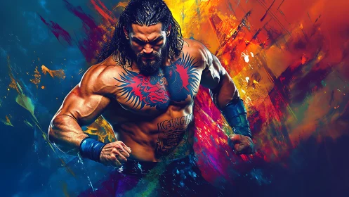 Tattooed titan storms through electric paintstorm fury.