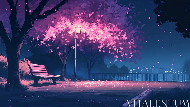 Night park bench under softly lit cherry blossoms.