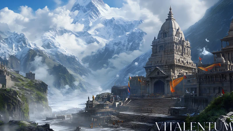 Mountain temple complex with stepped riverfront architecture.