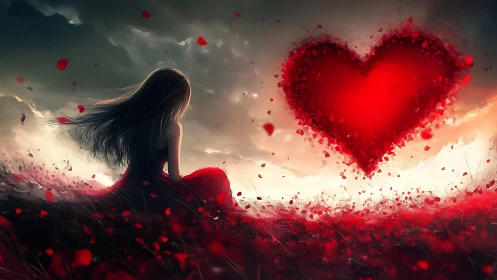 Woman in Red with Luminescent Heart Sky.