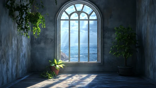 Photoreal coastal window interior with botanical accent lighting.