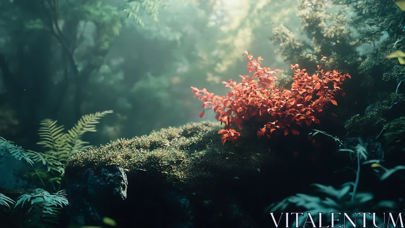 Red Foliage Glows Amid Misty Forest Canopy