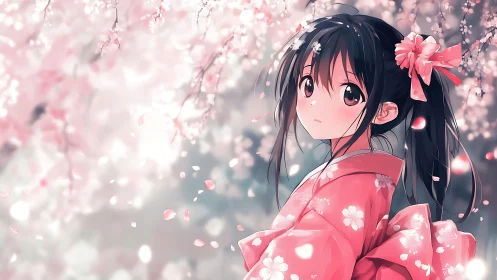Anime girl in pink kimono under soft cherry blossoms.