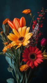 Vibrant gerbera daisies bloom against deep teal backdrop.