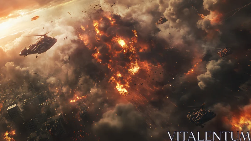 Urban destruction sequence with military helicopter amid explosions