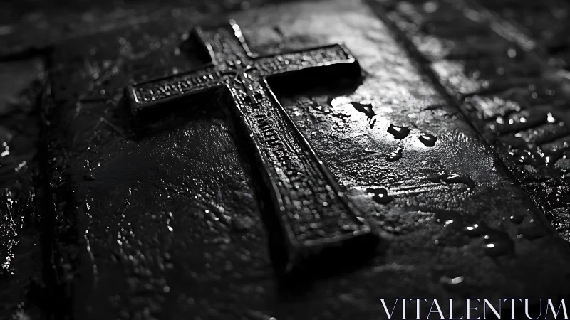 Wet metal cross in oblique low‑key monochrome illumination.