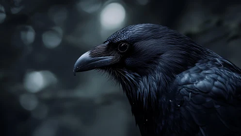 Raven Profile in Nocturnal Bokeh Illumination.