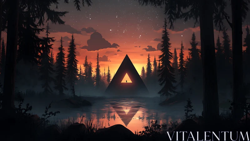 Twilight triangle sanctuary over a mirrored forest lake.