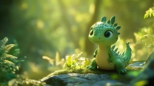 Stylized baby dragon in volumetric forest light with bokeh haze