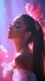 Side profile portrait of woman in pink floral light setting.