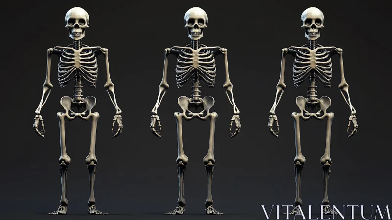 Triptych of anatomically detailed standing human skeleton renders