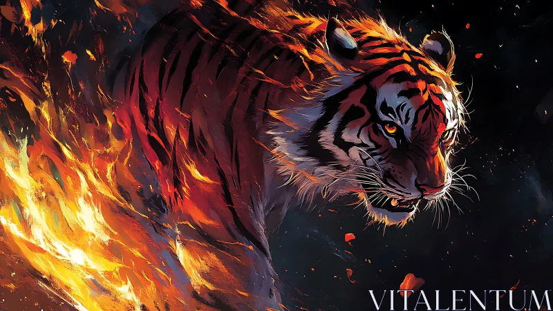 Blazing tiger strides through fire with fierce, untamed grace