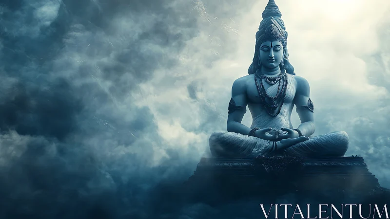 Seated stone deity statue floats centered in dense blue mist