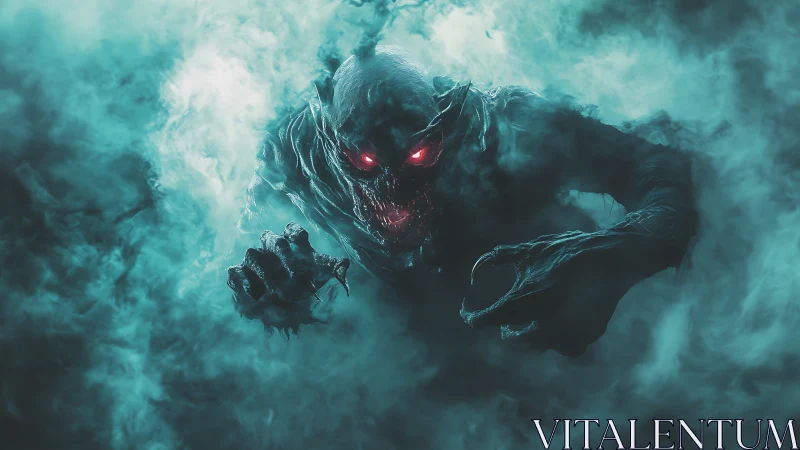 Shadowy demonic figure emerging through dense teal fog.