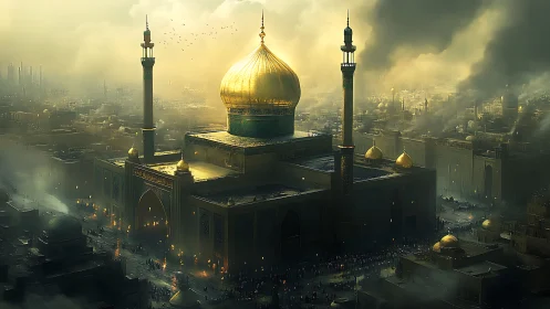 Golden domed mosque dominates dense smoky cityscape