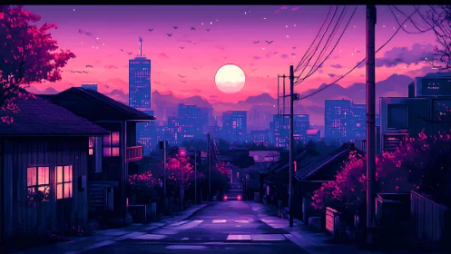 Neon dusk cityscape uniting suburban street and digital skyline