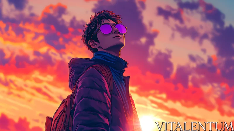 Young person in jacket and scarf observes vivid sunset sky