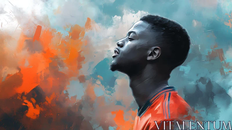 Side-profile digital portrait in turbulent chromatic field.