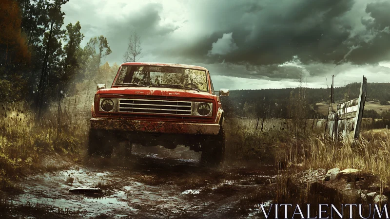 Red off-road truck traversing muddy rural track in rain.