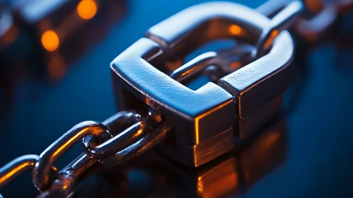 Metal chain segment with rectangular link in close focus.