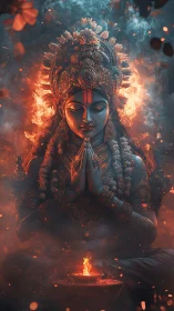 Deity figure in seated pose before ritual flame, frontal view.