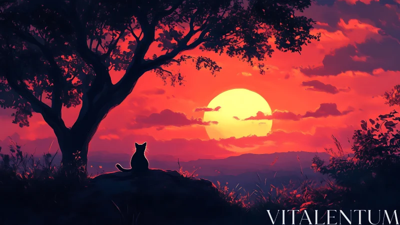 Cat quietly admiring a glowing sunset under a tree.
