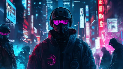 Neon masked enforcers drift through a glitching cyber city storm