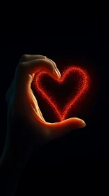 Hand forms glowing red heart shape against dark background