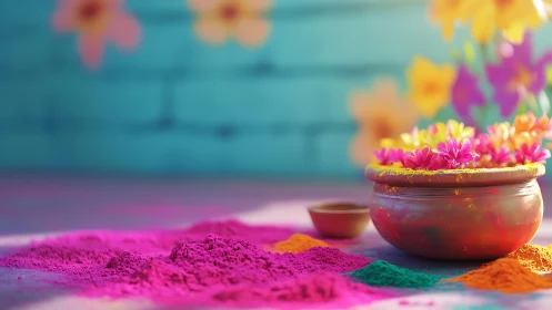 Vibrant Holi powders with clay pot and floral accents on floor.