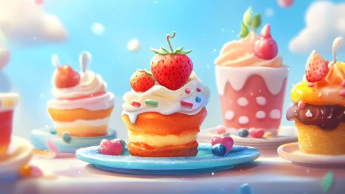Whimsical Strawberry Cake Tower with Pastel Gradient Backdrop.