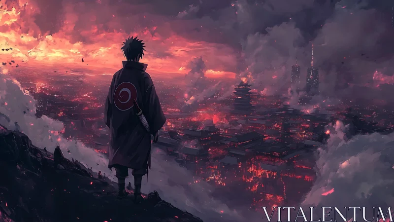 Solitary warrior overlooking a burning neon dusk metropolis.