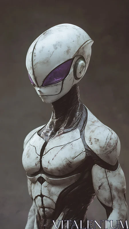 Weathered bio-mech sentinel with violet visor calm stare.