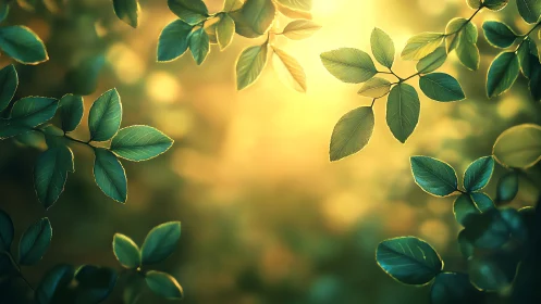 Sunlit green leaves with golden bokeh, tranquil nature scene.
