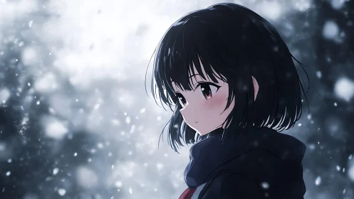 Side profile anime girl stands in softly falling winter snow