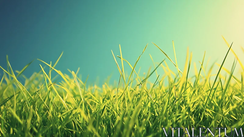 Vibrant close-up of green grass blades under sunny blue sky, nature style.