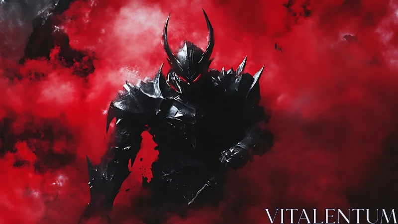 Digital painting of dark armored warlord in crimson fog.