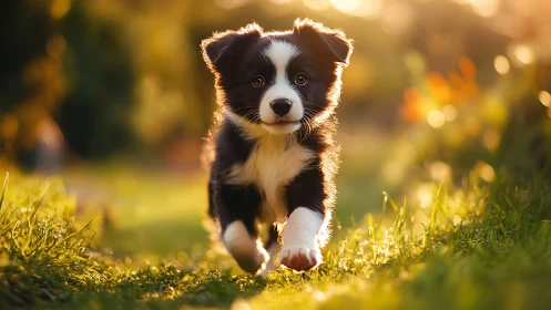 Sunlit sprint of a bright-eyed border collie pup in clovered grass.