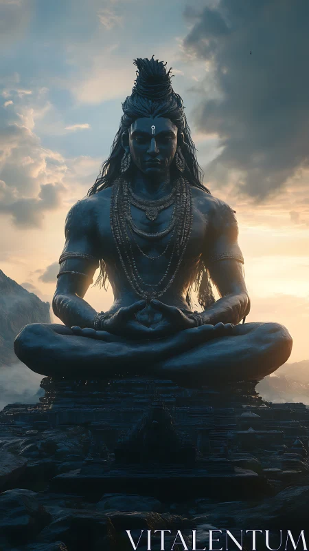 Majestic Shiva statue rests in serene mountain sunset light