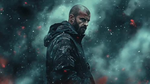 Moody photorealistic portrait in cinematic storm haze.