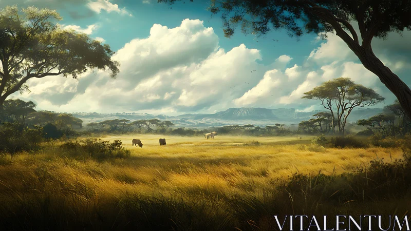 Sunlit African savanna plain with distant grazing wildlife