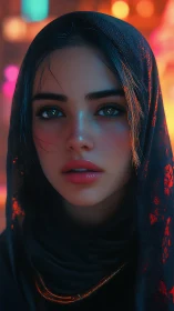 Digital portrait of veiled woman with neon city bokeh background.