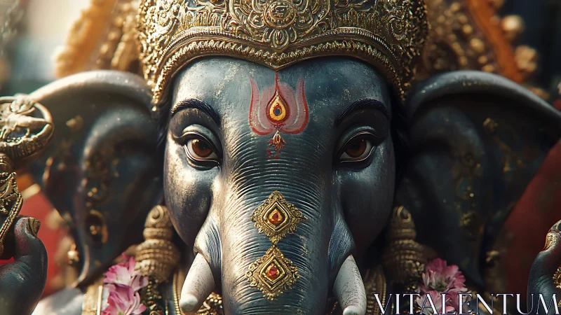 Ornate elephant deity sculpture with gilded crown and jewels.
